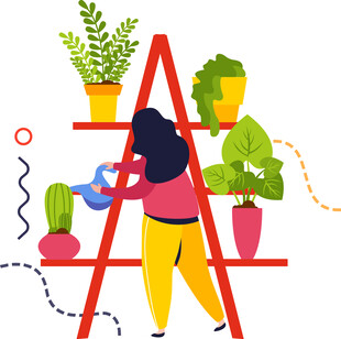 女子梯上细心浇灌绿植