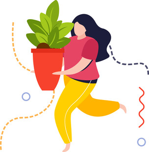 女子欢快搬运大盆绿植