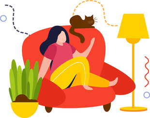 女孩惬意躺沙发伴猫咪