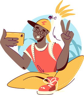 活力男子自拍比耶显白色鹦鹉