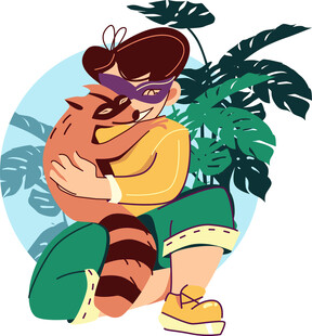 男生抱着小熊猫的卡通形象