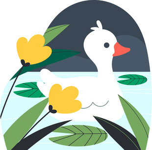 水中白鹅伴黄花绿叶