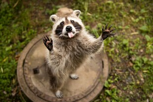 站立浣熊在户外做手势