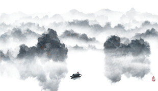 水墨山水间的孤舟之景