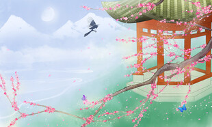 中式古风亭台花鸟美景