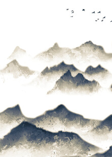 水墨群山飞鸟意境图