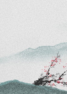 水墨红梅映远山