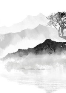 水墨山水间的孤树景致