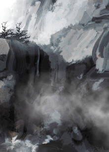 水墨风山间瀑布景观