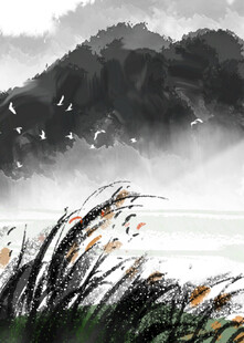 水墨山水间的芦苇飞鸟景