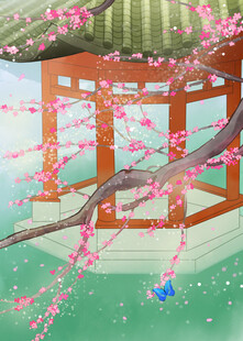 日式亭阁樱花烂漫之景