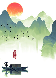 夕阳下的江上扁舟美景