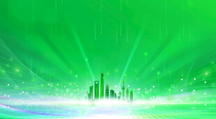 绿色光芒中的城市景观