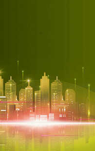 绿色光影下的城市建筑景观