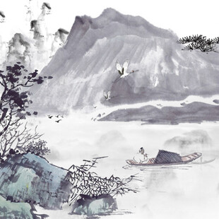 水墨山水间的孤舟野景