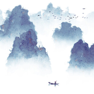 水墨山水间的孤舟飞鸟