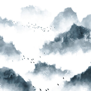 水墨山水间飞鸟翱翔图
