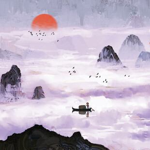 云海孤舟伴落日美景