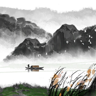 水墨山水间的孤舟意境