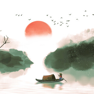 夕阳下的江上泛舟