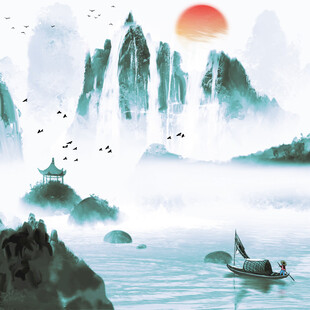 水墨山水间的孤舟垂钓