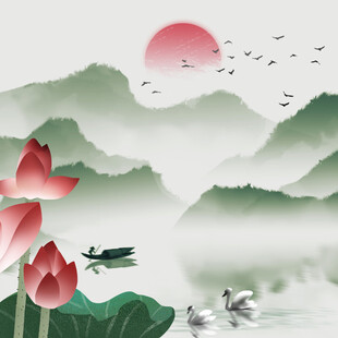 水墨山水间的荷韵与飞鸟