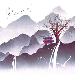 水墨山水间的孤树与飞鸟