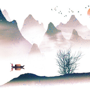 水墨山水间孤舟独景