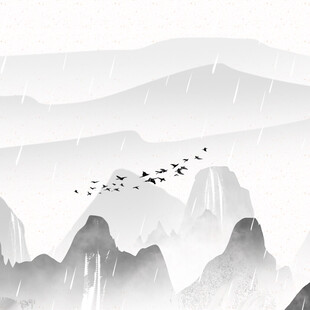 水墨山水间飞鸟翱翔