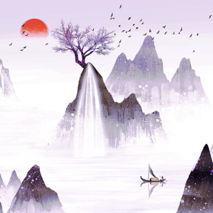 水墨山水间的孤树与扁舟