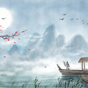 月夜泛舟山水间