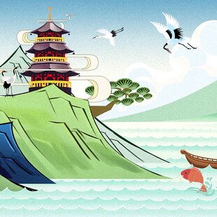 古风山水间的楼阁与飞鸟