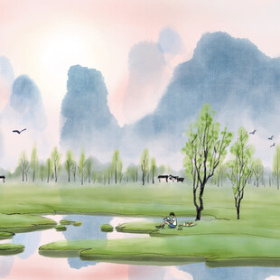 春日山水田园风光图景