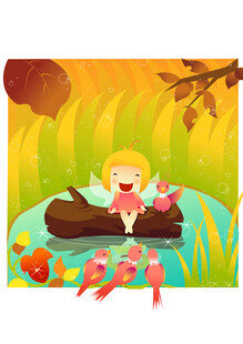 女孩于林间原木上欢快玩耍