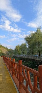 河畔红栏杆旁的美丽景致