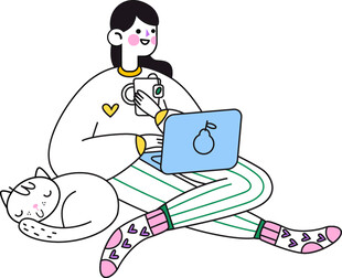 女子惬意宅家与猫用电脑