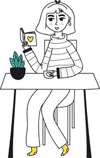 女士坐在桌边惬意看书赏绿植