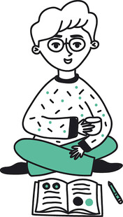 坐着阅读写作的卡通人物