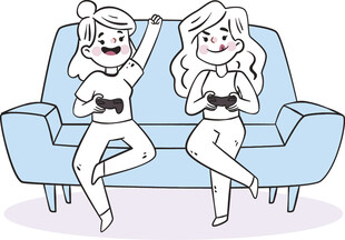 沙发上欢乐玩游戏的姐妹俩