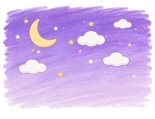 紫色夜空月亮云朵手绘插画