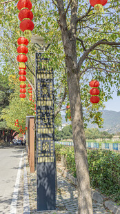 路边红灯笼装点的繁茂树木