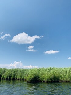 湖畔绿野蓝天美景