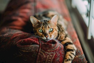 慵懒猫咪躺于复古沙发上