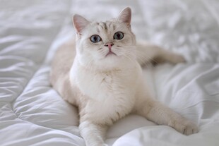 床上的可爱白色猫咪