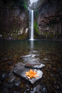 瀑布下的心形石与秋叶