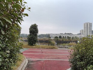 户外红色跑道与绿植景观