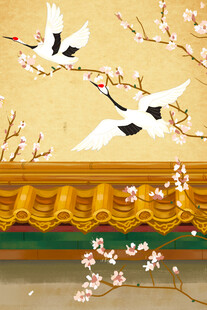 中式屋檐下的双鹤与繁花