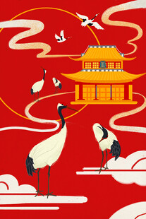 中式红底仙鹤楼阁祥瑞图
