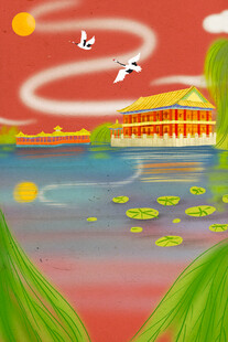 梦幻山水间的飞鸟与建筑