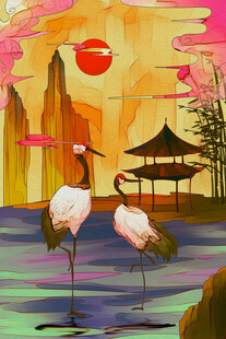 夕阳下双鹤伴亭的山水景